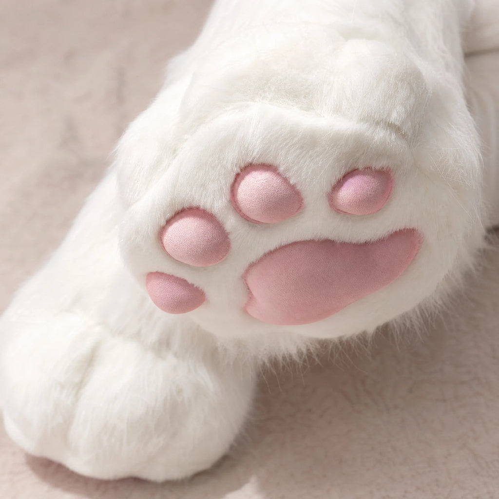 Cat Paw Slippers with Pink Toe Pads and Fluffy White Fur - Détail matière