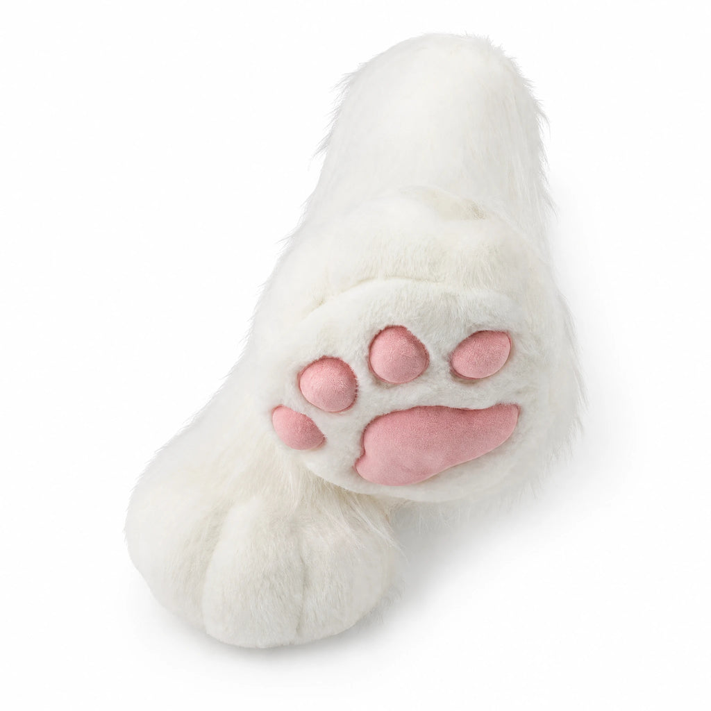 Cat Paw Slippers with Pink Toe Pads and Fluffy White Fur - Fond blanc