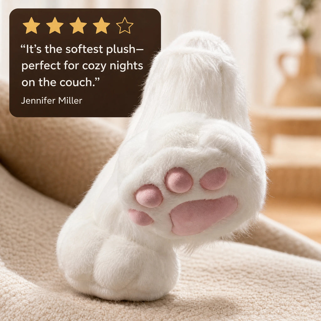Cat Paw Slippers with Pink Toe Pads and Fluffy White Fur - Image témoignage