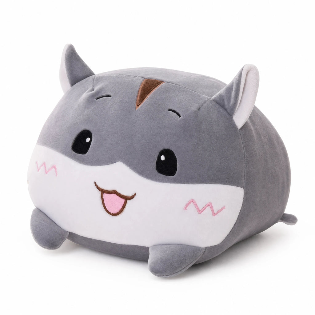 Cat Pillow Plush - Smiling Gray Hamster Design - Fond blanc, autre angle