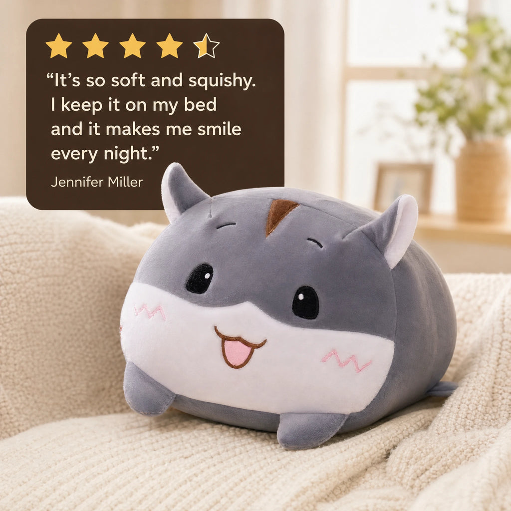 Cat Pillow Plush - Smiling Gray Hamster Design - Image témoignage