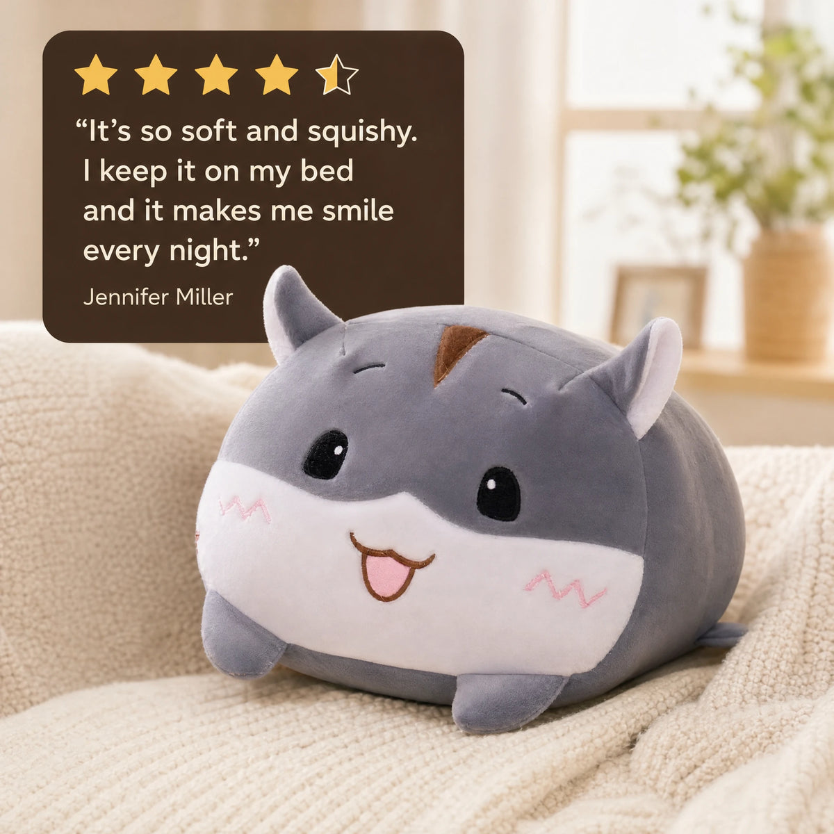 Cat Pillow Plush - Smiling Gray Hamster Design - Image témoignage