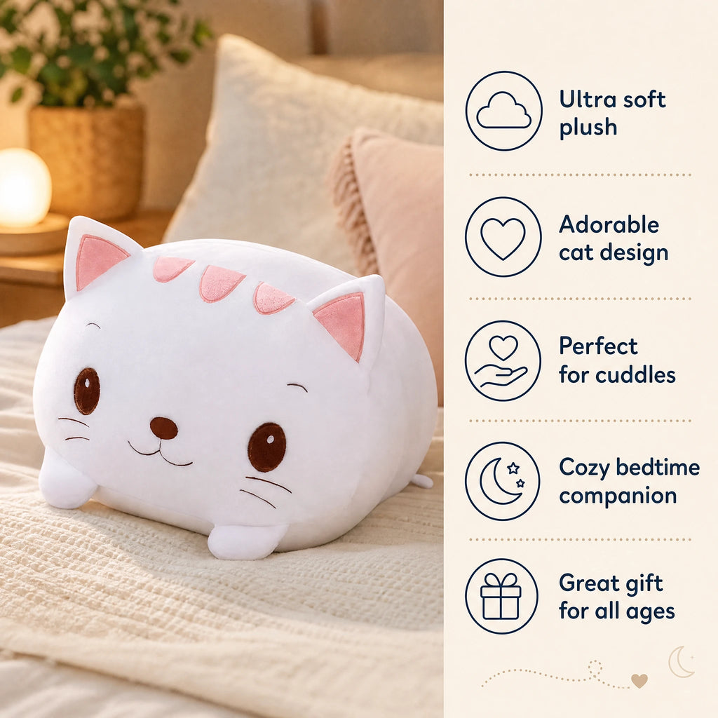Cat Pillow Plush with Adorable Pink Ears – White - Bénéfices produit