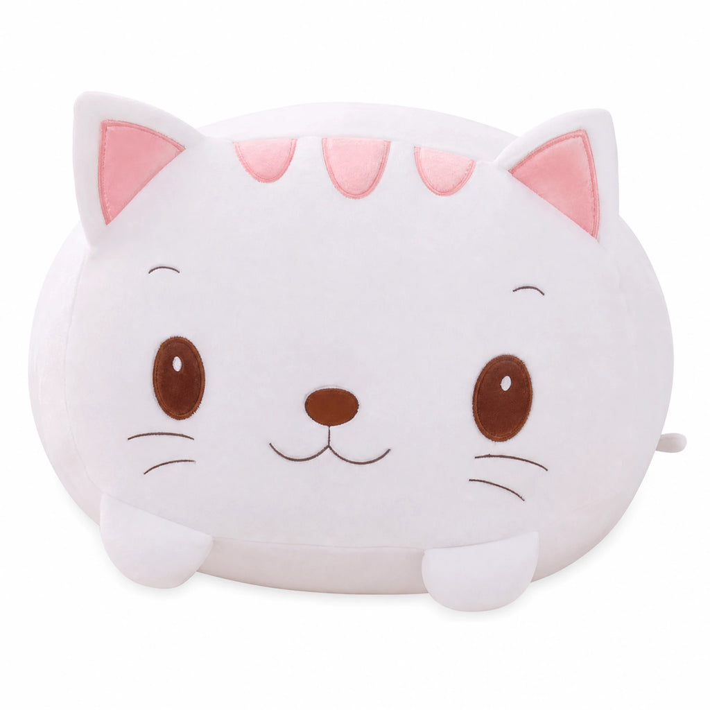 Cat Pillow Plush with Adorable Pink Ears – White - Fond blanc