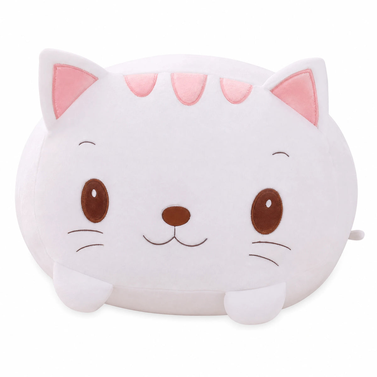 Cat Pillow Plush with Adorable Pink Ears – White - Fond blanc