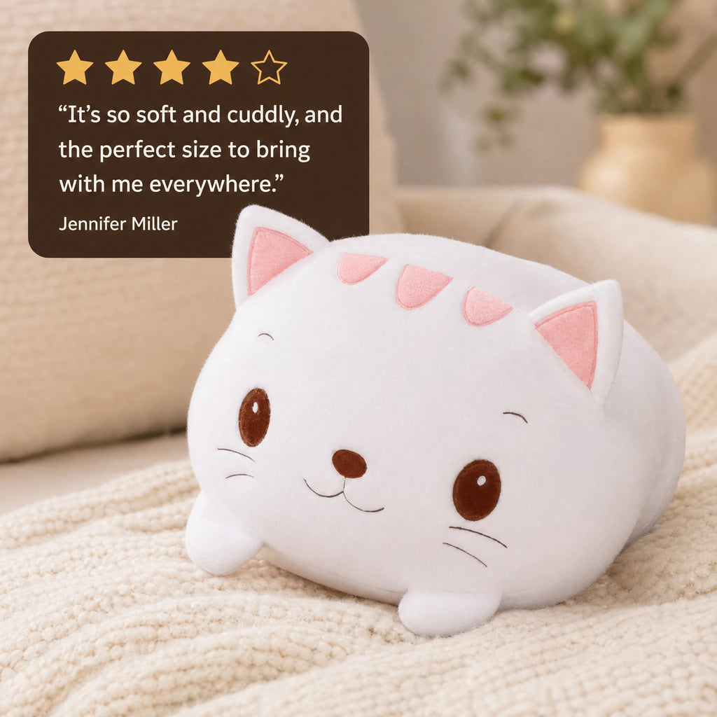 Cat Pillow Plush with Adorable Pink Ears – White - Image témoignage