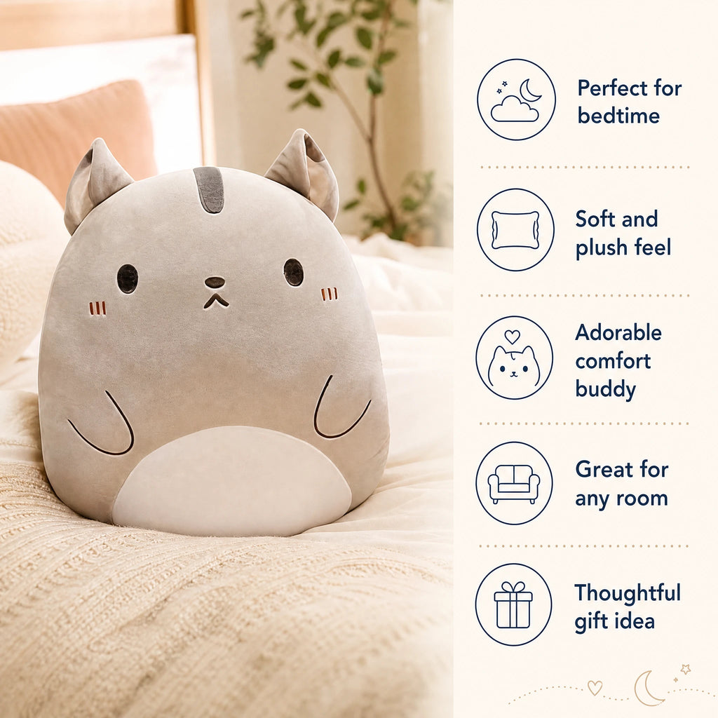 Cat Pillow Plush with Embroidered Face and 3D Ears - Bénéfices produit