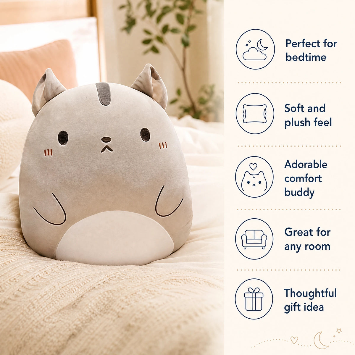 Cat Pillow Plush with Embroidered Face and 3D Ears - Bénéfices produit