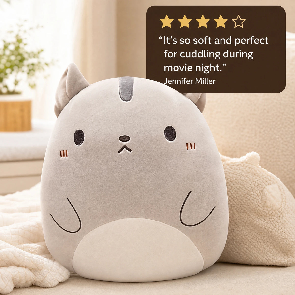 Cat Pillow Plush with Embroidered Face and 3D Ears - Image témoignage