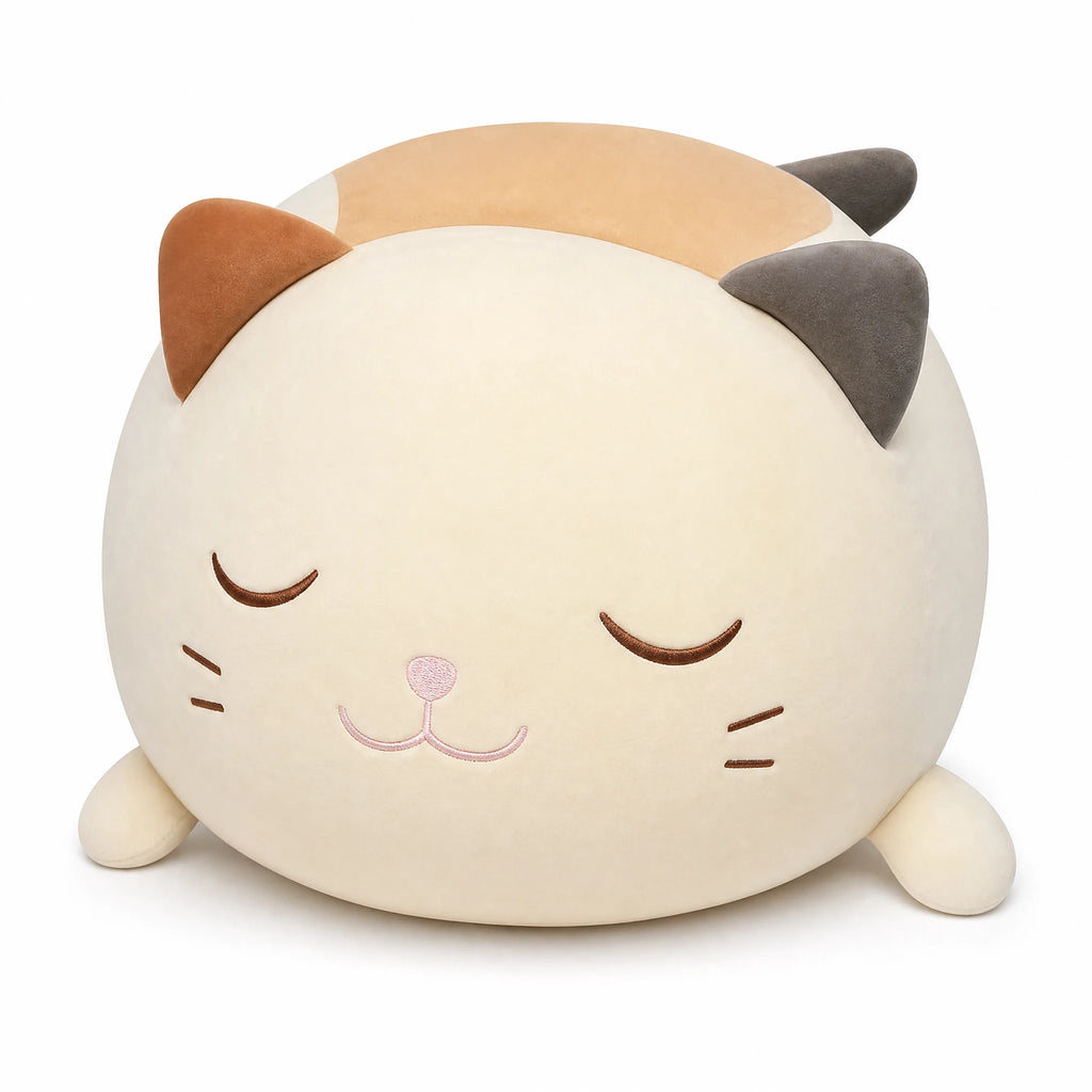 Cat Pillow Plush with Embroidered Sleeping Face - Fond blanc