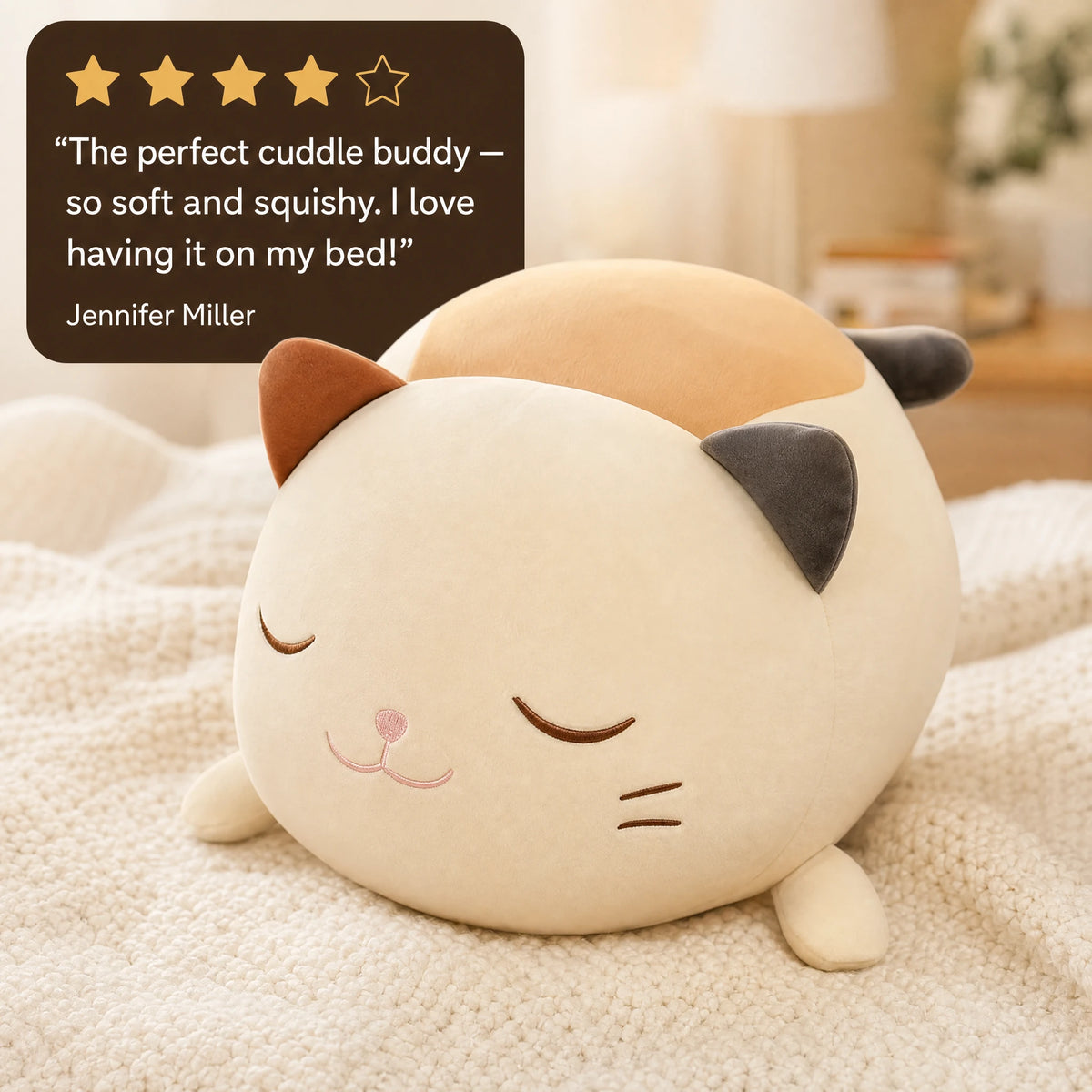 Cat Pillow Plush with Embroidered Sleeping Face - Image témoignage