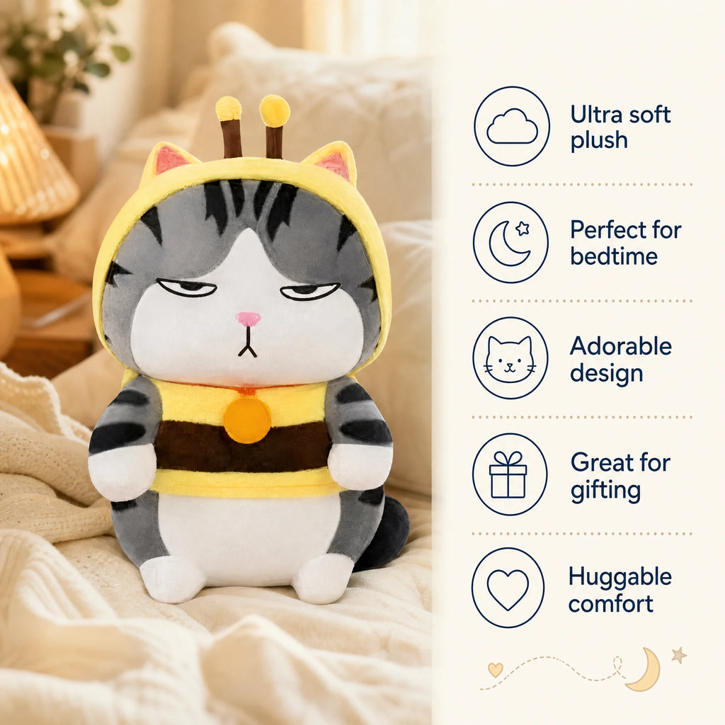 Cat Plush in Bee Costume with Striped Gray Fur - Bénéfices produit