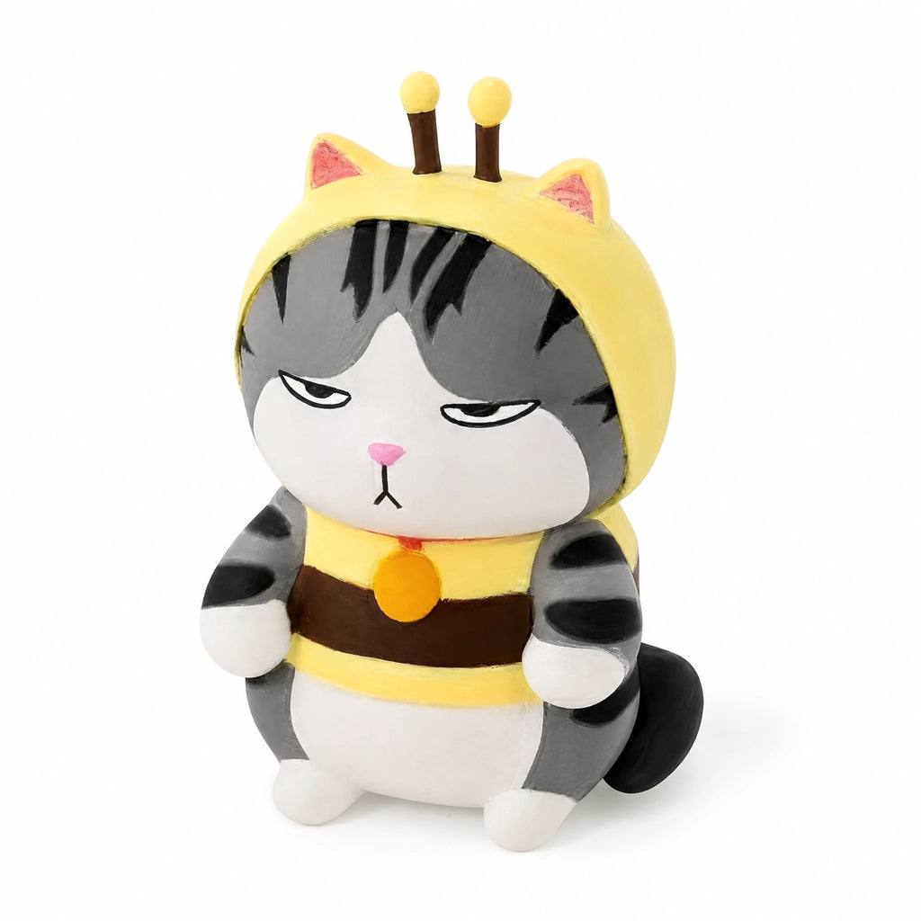 Cat Plush in Bee Costume with Striped Gray Fur - Fond blanc, autre angle