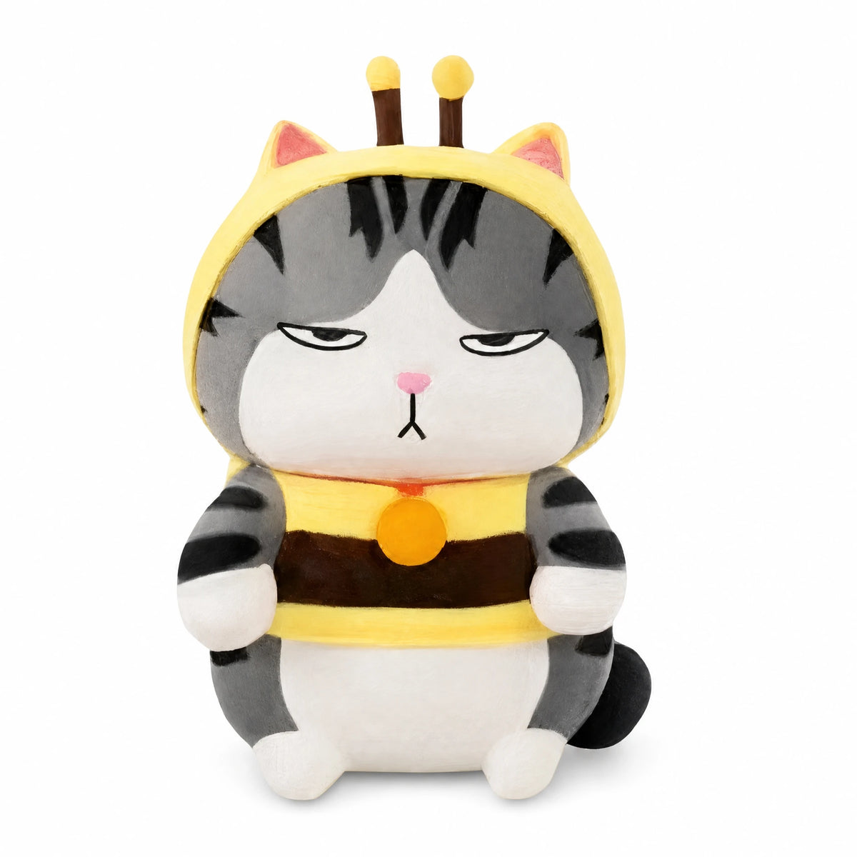 Cat Plush in Bee Costume with Striped Gray Fur - Fond blanc