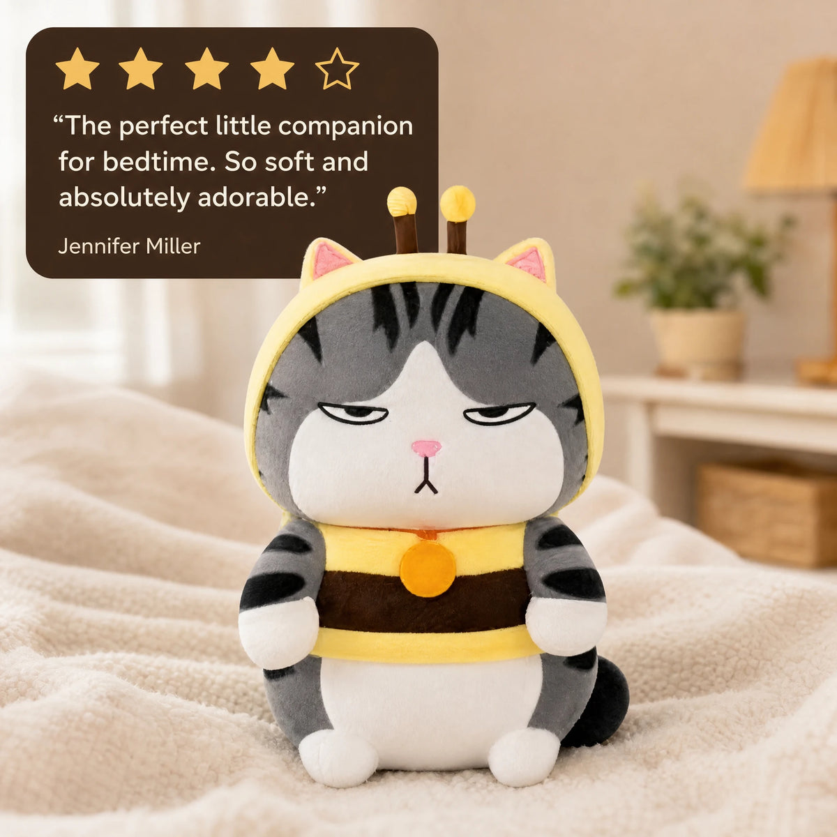 Cat Plush in Bee Costume with Striped Gray Fur - Image témoignage