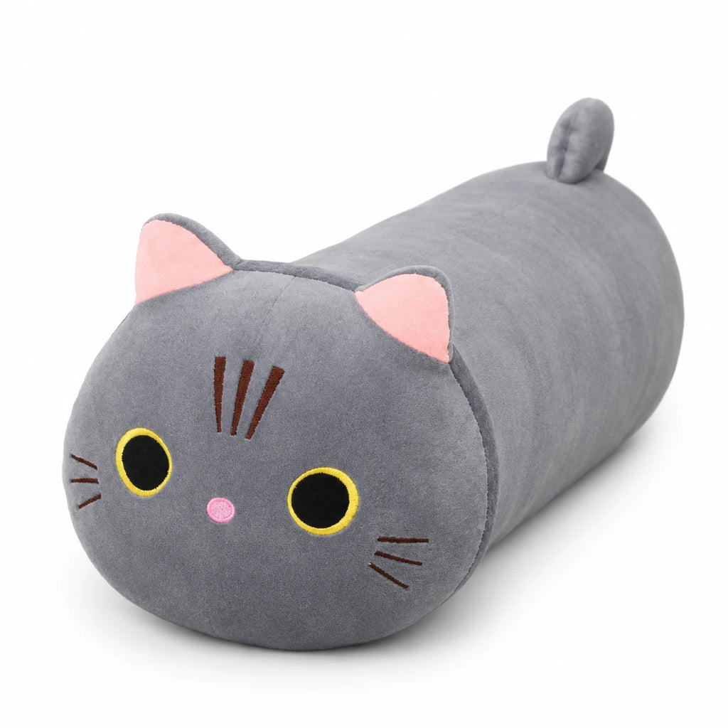 Cat Plush Pillow with Embroidered Face and Pink Ears - 9in / 25cm / Choo Choo - Grey … (5 tailles)