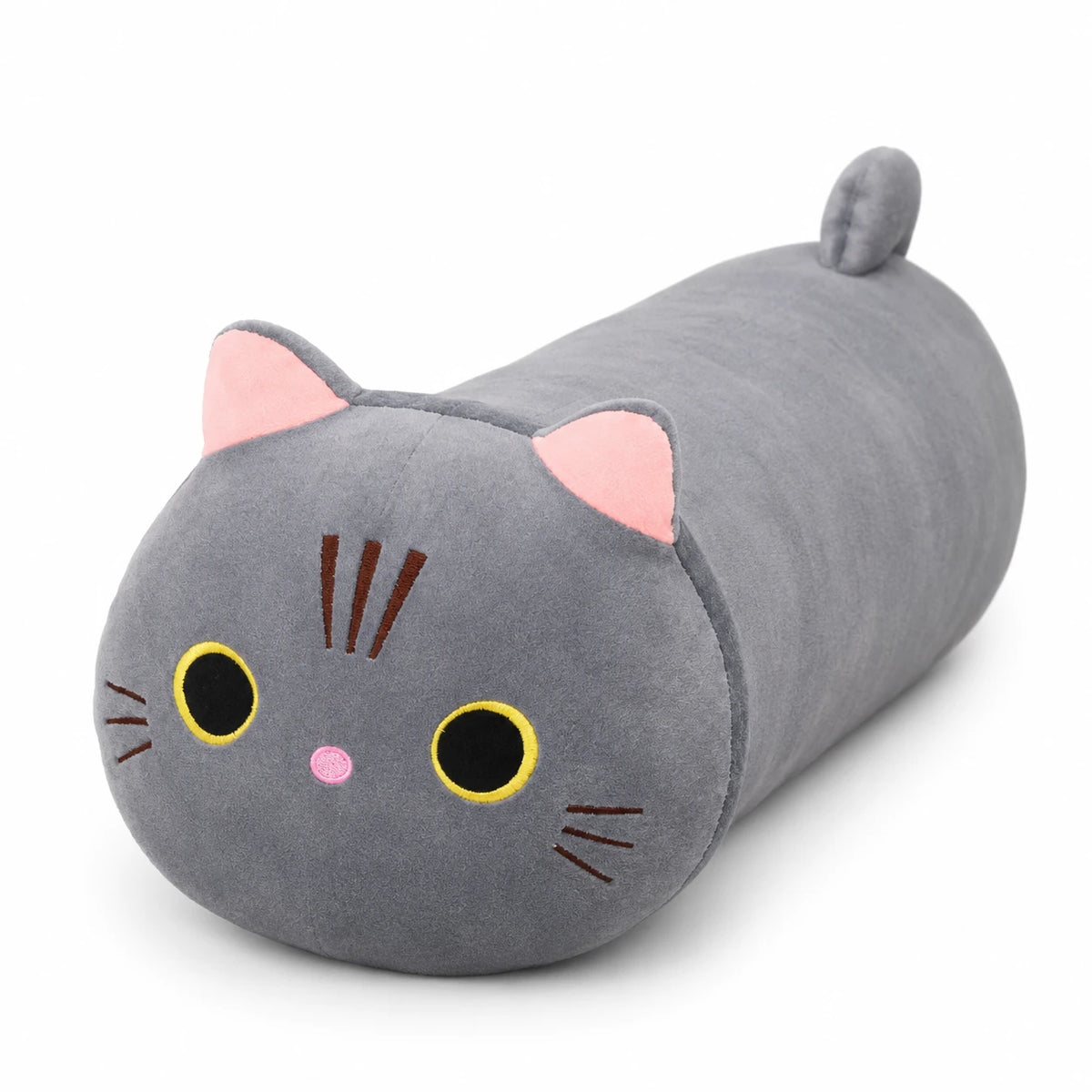 Cat Plush Pillow with Embroidered Face and Pink Ears - 9in / 25cm / Choo Choo - Grey … (5 tailles)