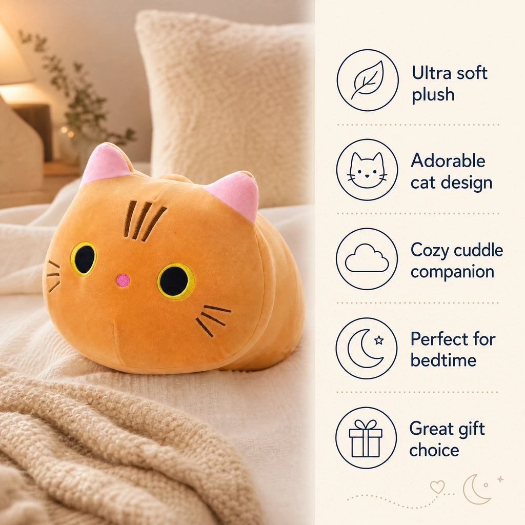 Cat Plush Pillow with Embroidered Face and Pink Ears - Bénéfices produit