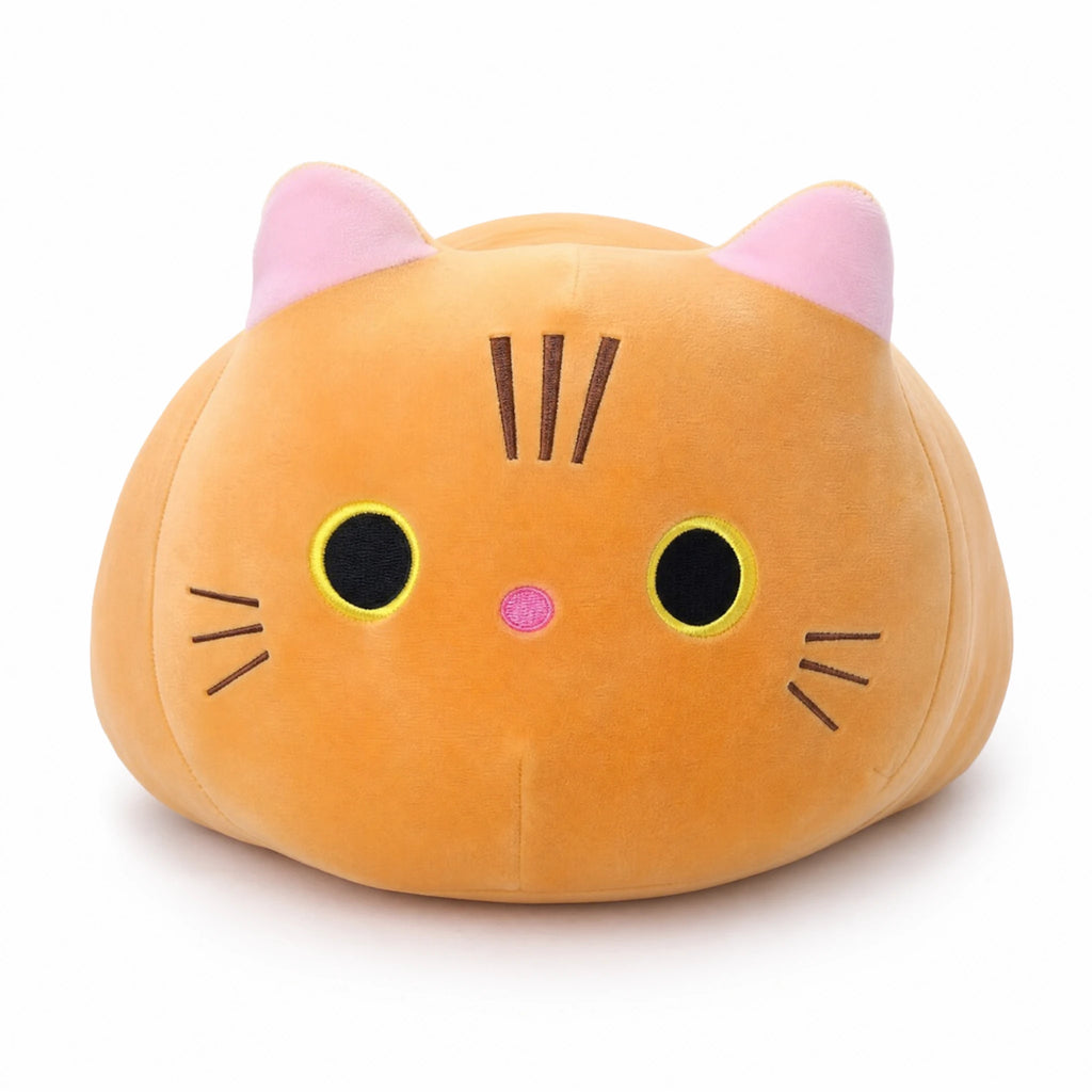 Cat Plush Pillow with Embroidered Face and Pink Ears - Fond blanc