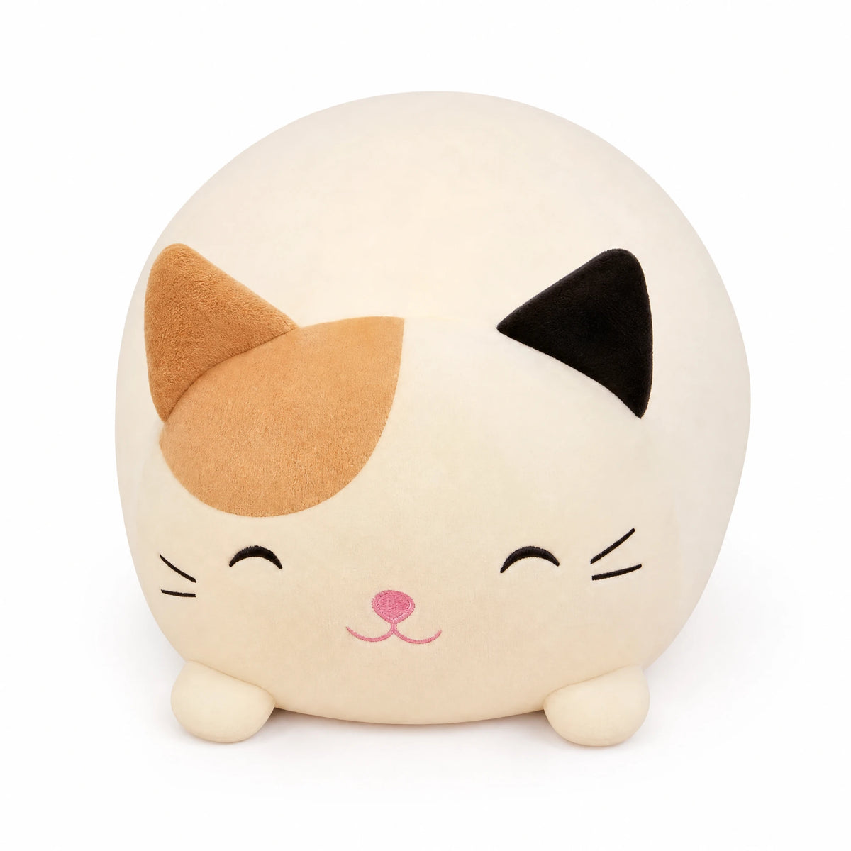 Cat Plush Pillow with Embroidered Face and Soft Cream Coat - Fond blanc