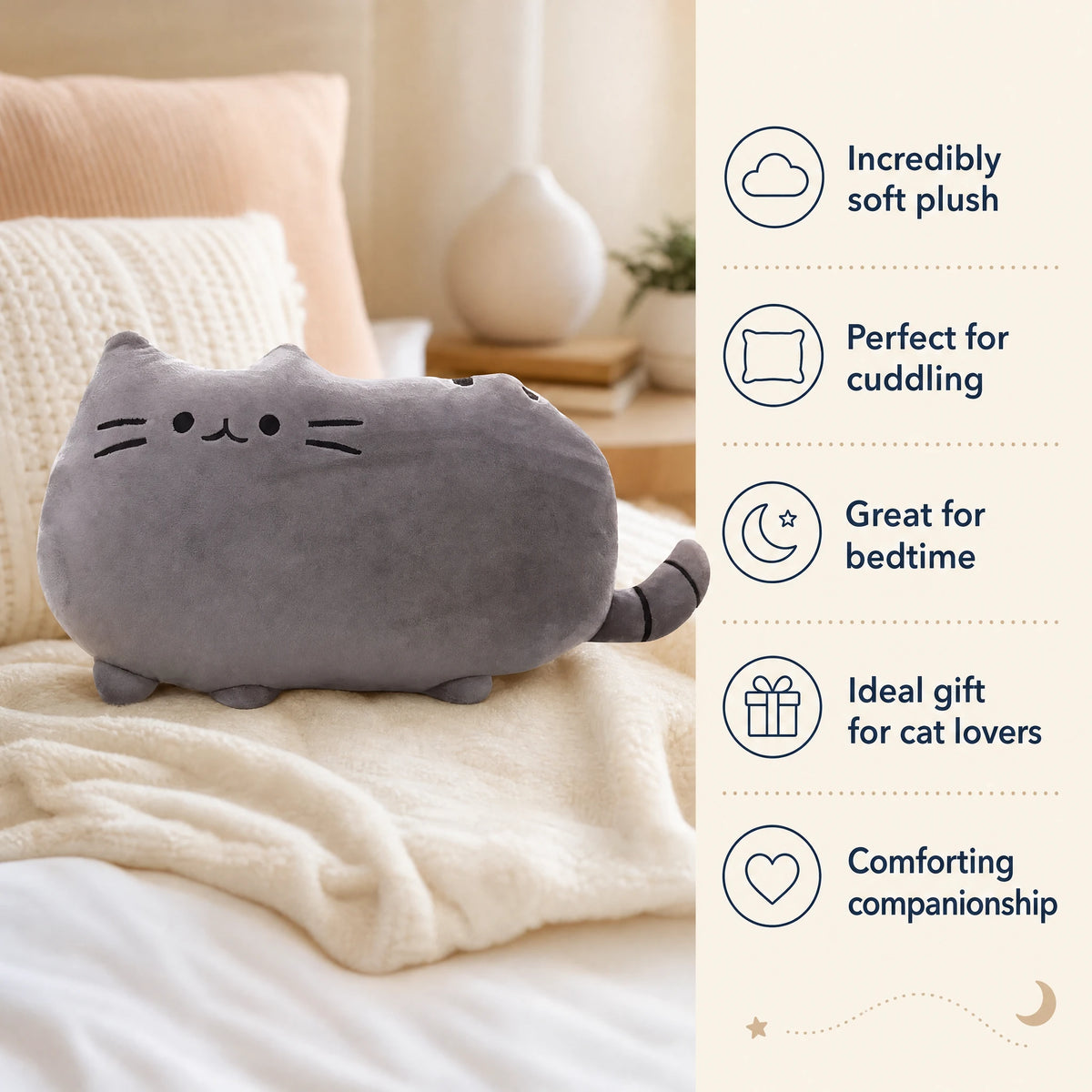 Cat Plush Pillow with Embroidered Face and Soft Gray Fabric - Bénéfices produit