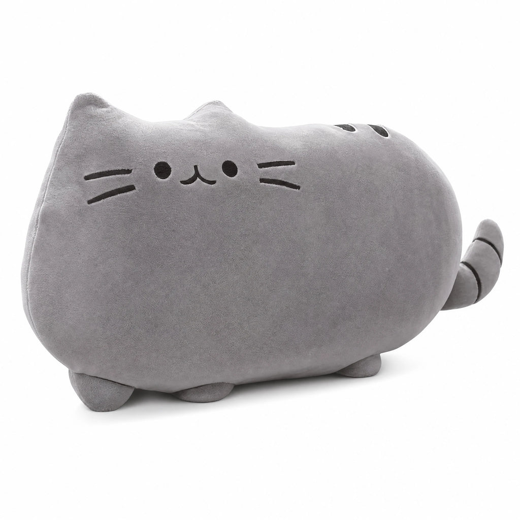 Cat Plush Pillow with Embroidered Face and Soft Gray Fabric - Fond blanc, autre angle