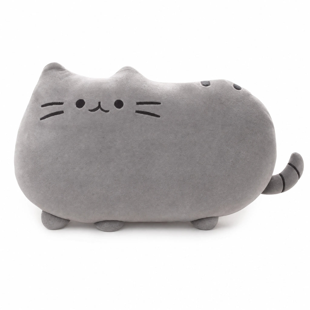 Cat Plush Pillow with Embroidered Face and Soft Gray Fabric - Fond blanc