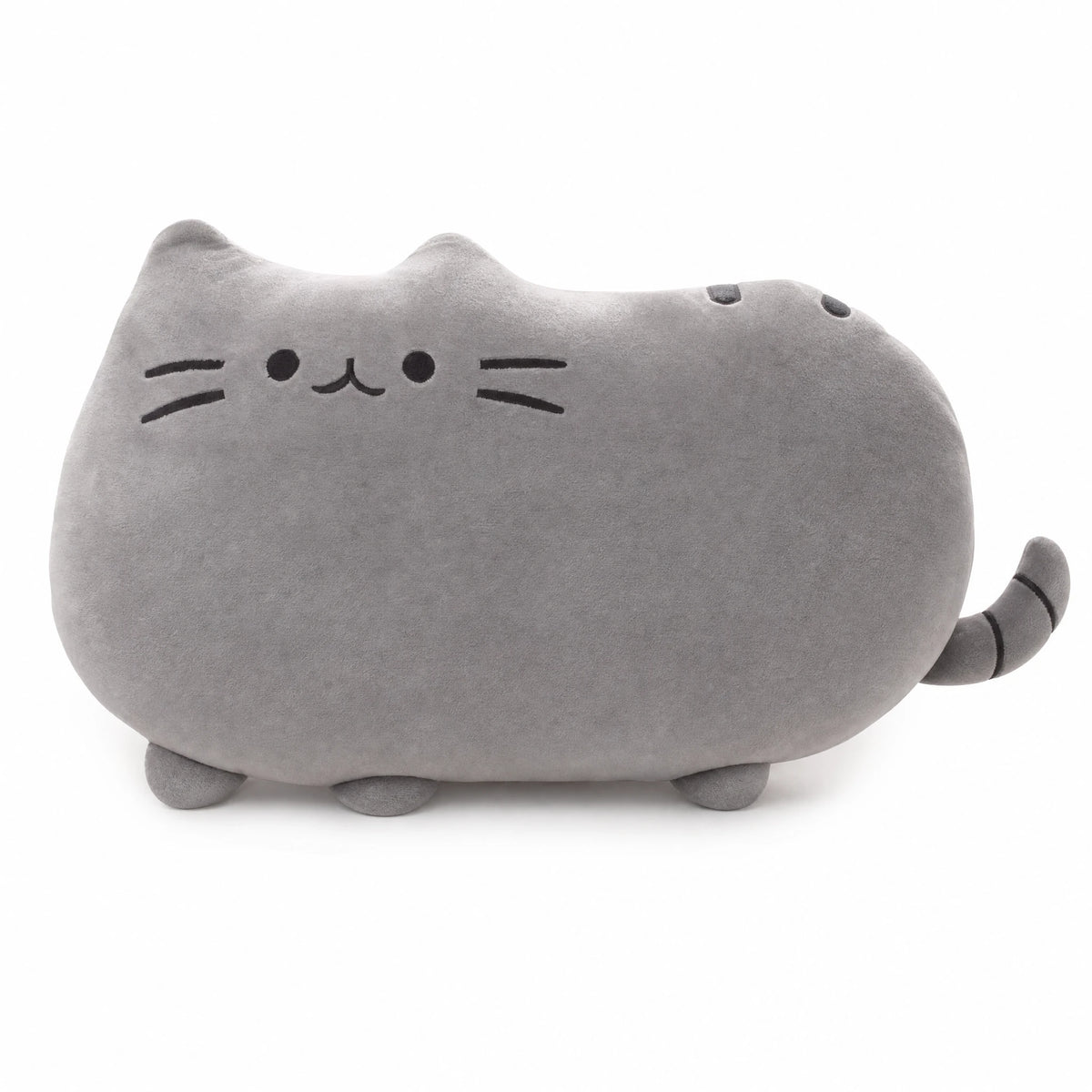 Cat Plush Pillow with Embroidered Face and Soft Gray Fabric - Fond blanc