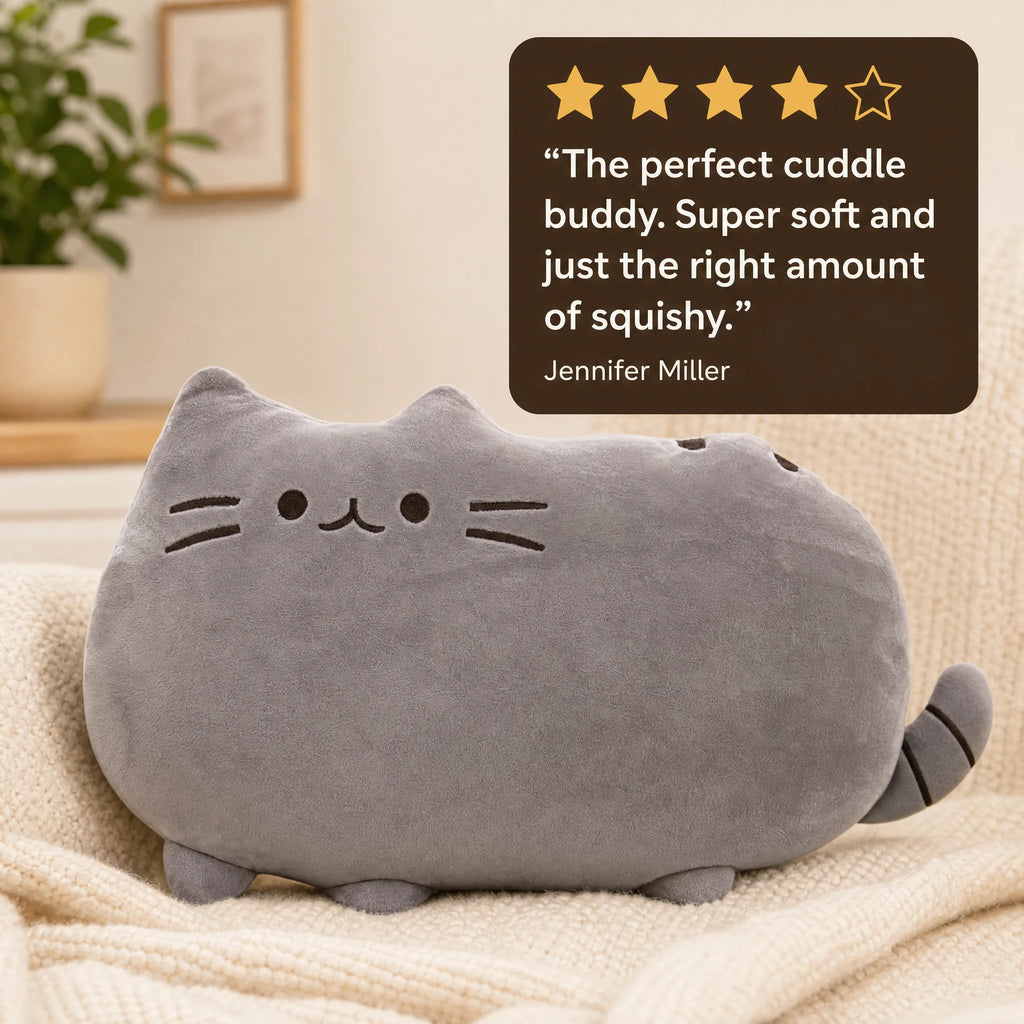 Cat Plush Pillow with Embroidered Face and Soft Gray Fabric - Image témoignage