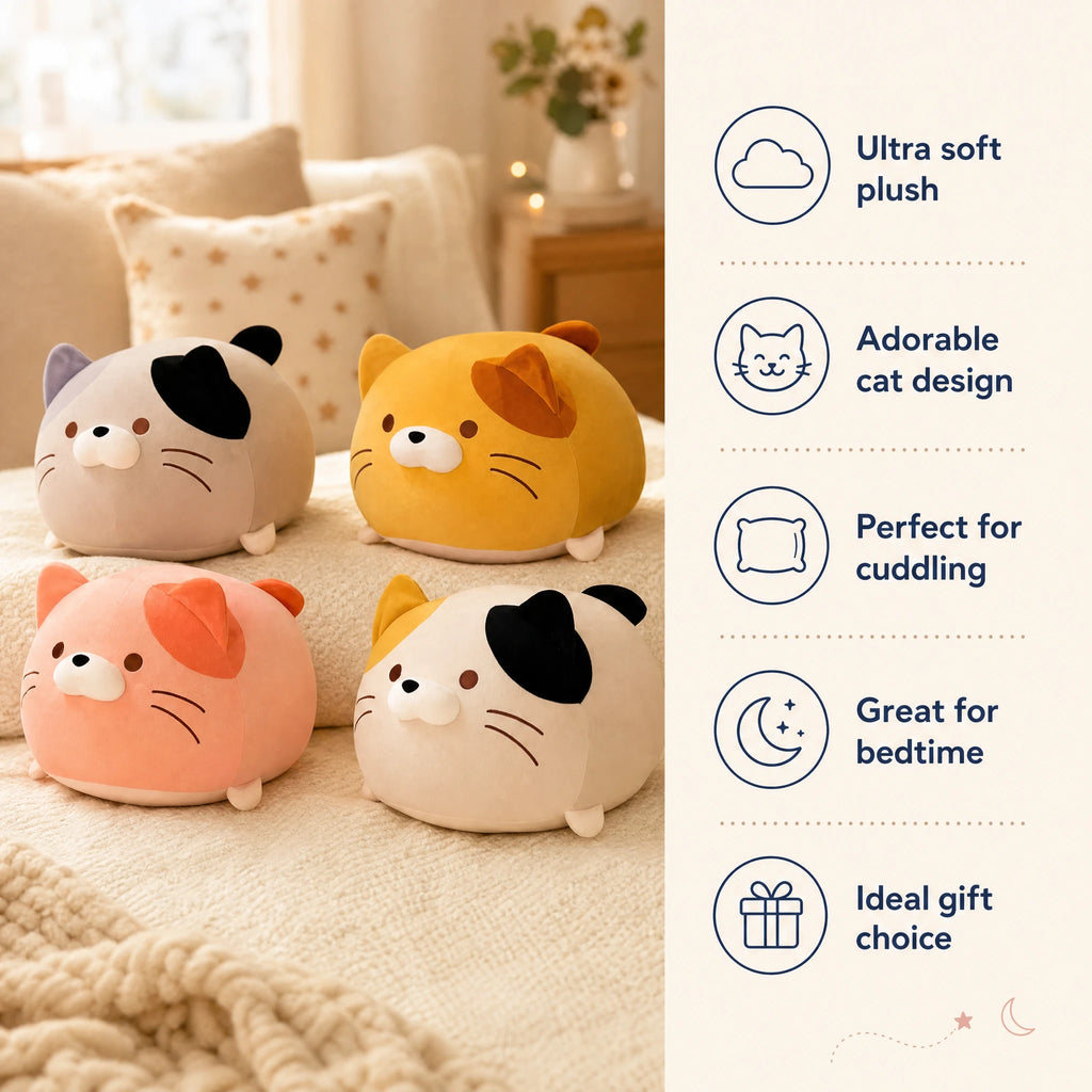 Cat Plush Pillow with Rounded Shape and Embroidered Details - Bénéfices produit