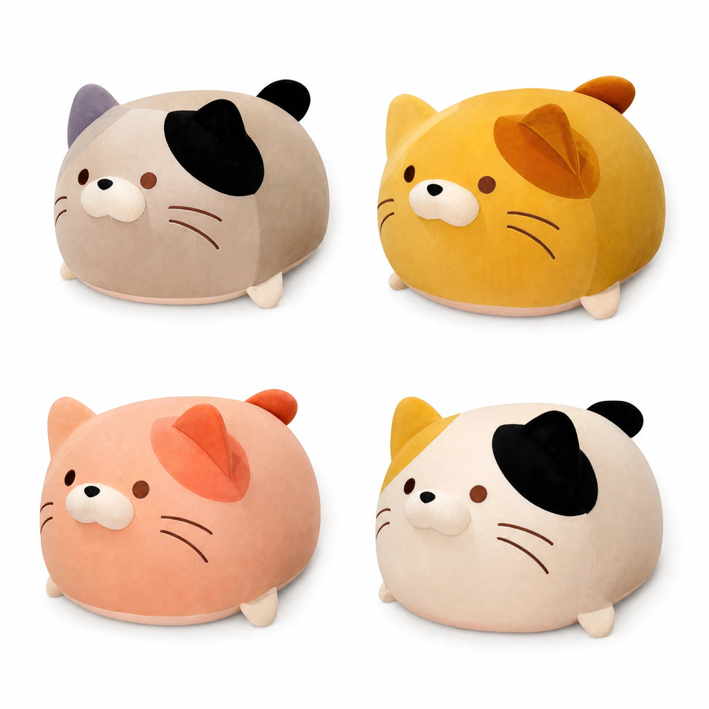 Cat Plush Pillow with Rounded Shape and Embroidered Details - Fond blanc