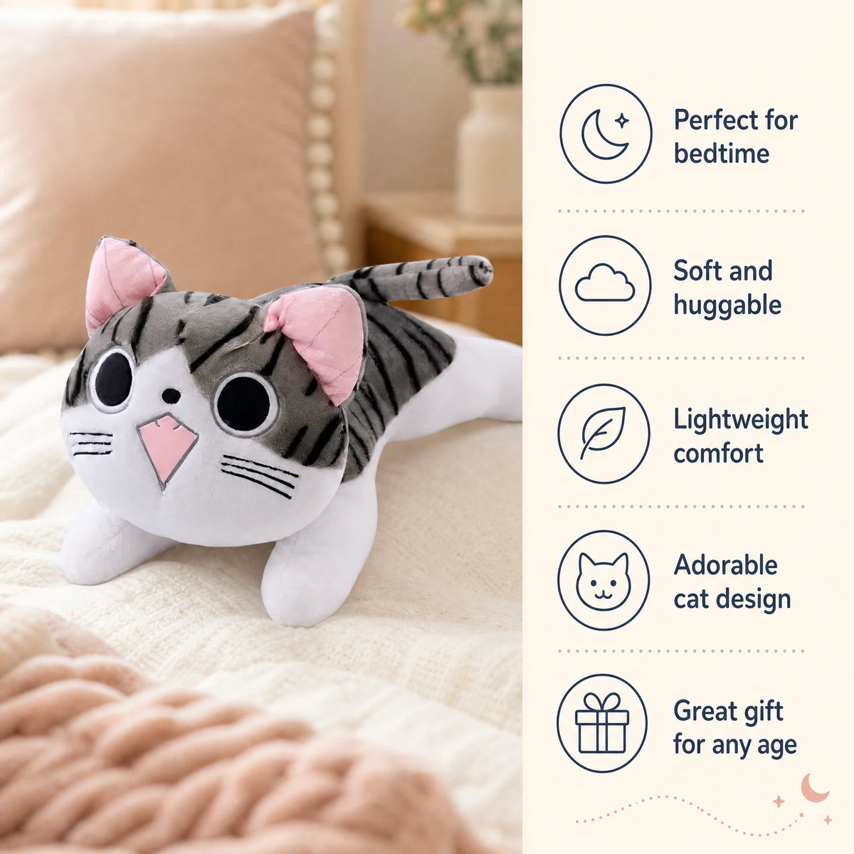 Cat Plush Pillow with Striped Design and Pink Details - Bénéfices produit