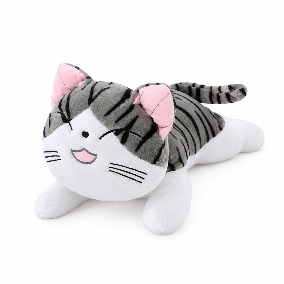 Cat Plush Pillow with Striped Design and Pink Details - Eyes Closed