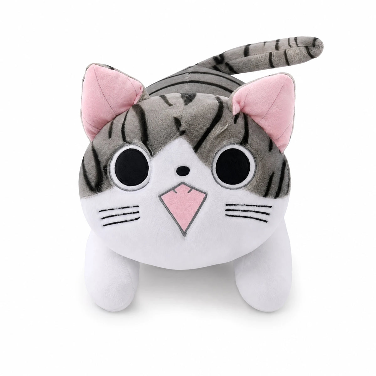 Cat Plush Pillow with Striped Design and Pink Details - Fond blanc