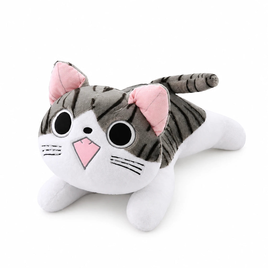 Cat Plush Pillow with Striped Design and Pink Details - Happy