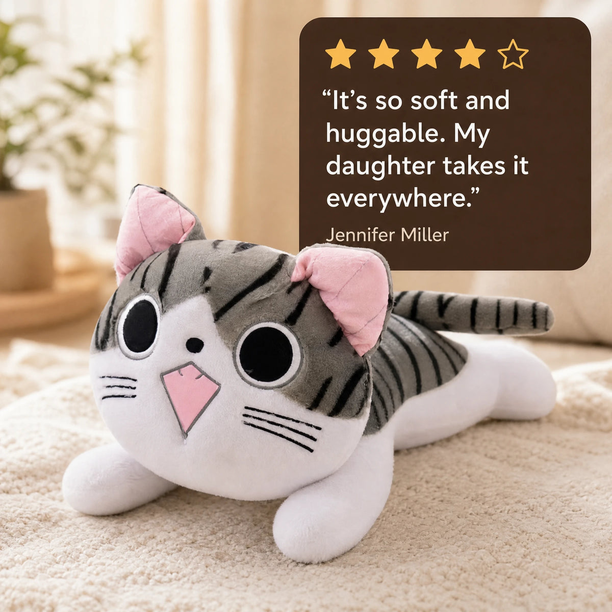Cat Plush Pillow with Striped Design and Pink Details - Image témoignage