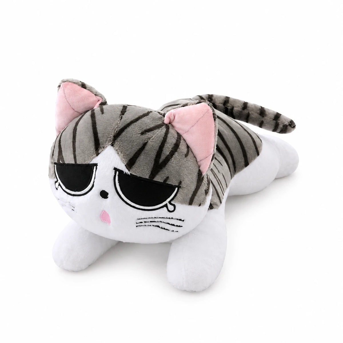 Cat Plush Pillow with Striped Design and Pink Details - Sad