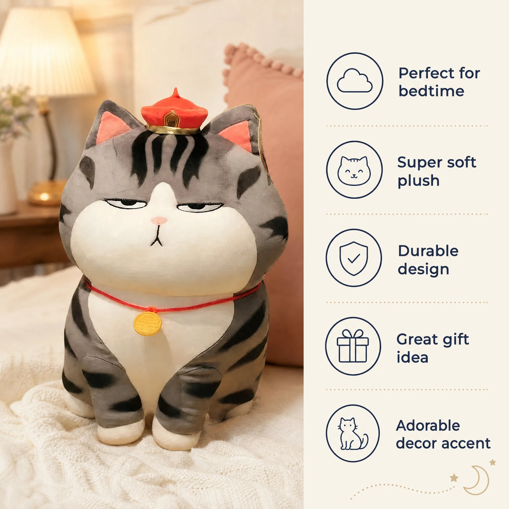 Cat Plush Toy with Imperial Crown and Gray Stripes - Bénéfices produit