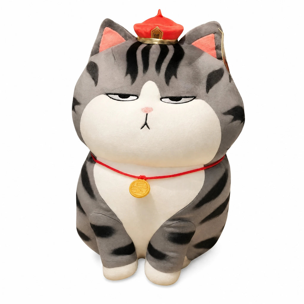 Cat Plush Toy with Imperial Crown and Gray Stripes - Fond blanc