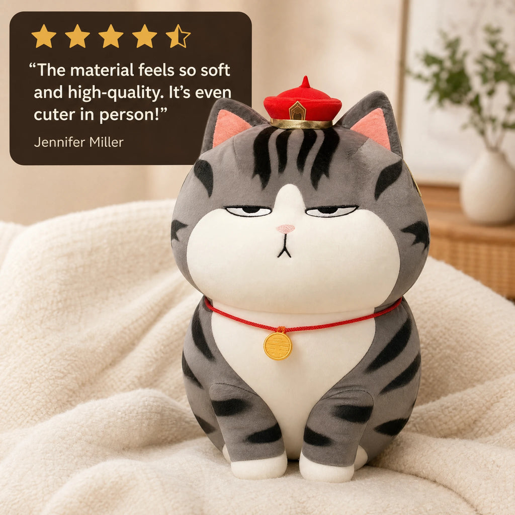 Cat Plush Toy with Imperial Crown and Gray Stripes - Image témoignage