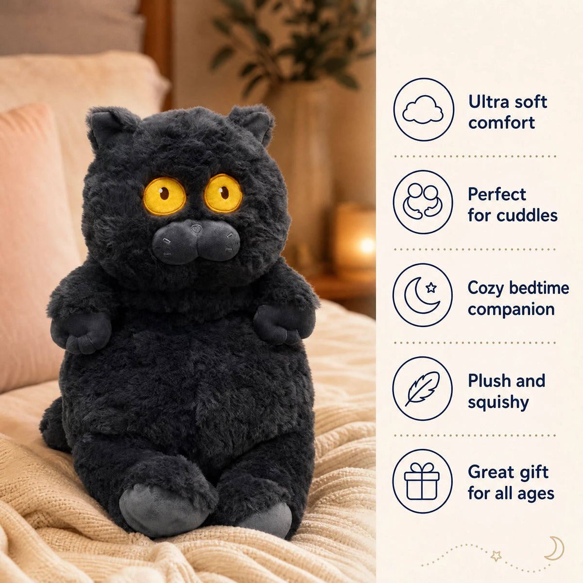 Cat Plush Toy with Large Yellow Eyes and Dark Grey Fur - Bénéfices produit