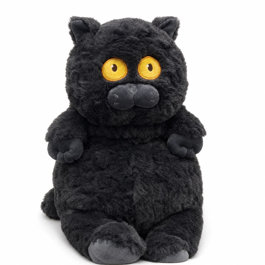 Cat Plush Toy with Large Yellow Eyes and Dark Grey Fur - Fond blanc