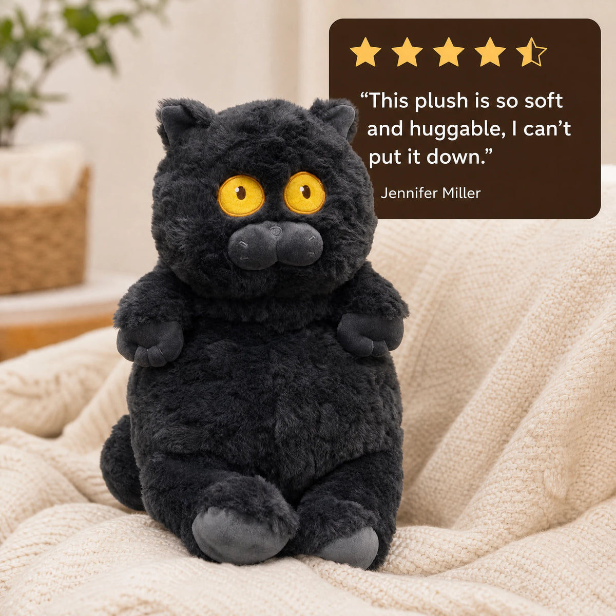 Cat Plush Toy with Large Yellow Eyes and Dark Grey Fur - Image témoignage