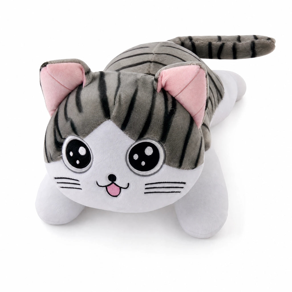 Cat Stuffed Animal, Gray Tabby Plush with Kawaii Eyes - Fond blanc