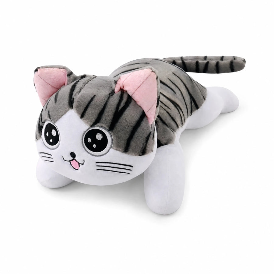 Cat Stuffed Animal, Gray Tabby Plush with Kawaii Eyes - Fond blanc, autre angle
