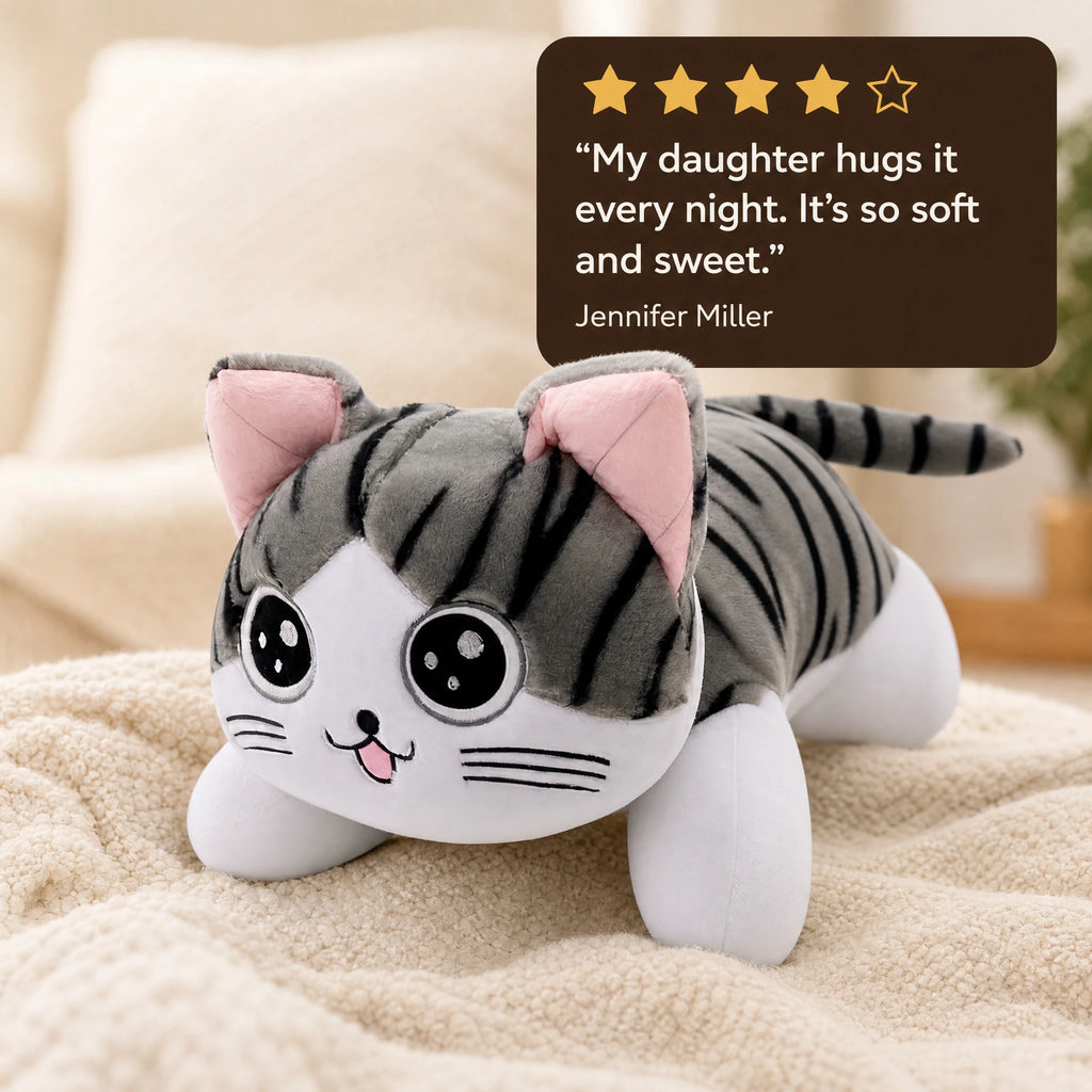 Cat Stuffed Animal, Gray Tabby Plush with Kawaii Eyes - Image témoignage