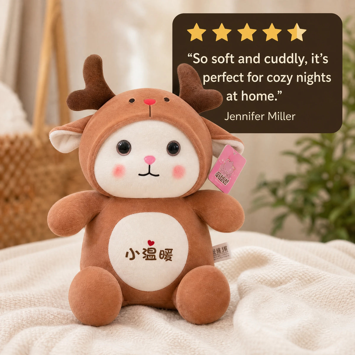 Cat Stuffed Animal in Deer Costume with White Belly - Image témoignage