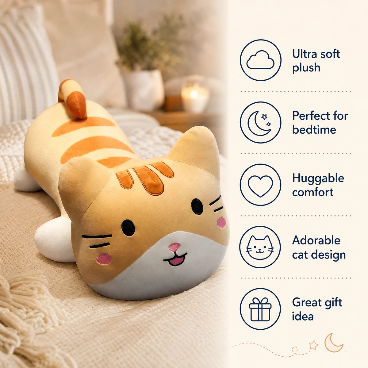 Cat Stuffed Animal Pillow, Lying Tabby Design - Bénéfices produit