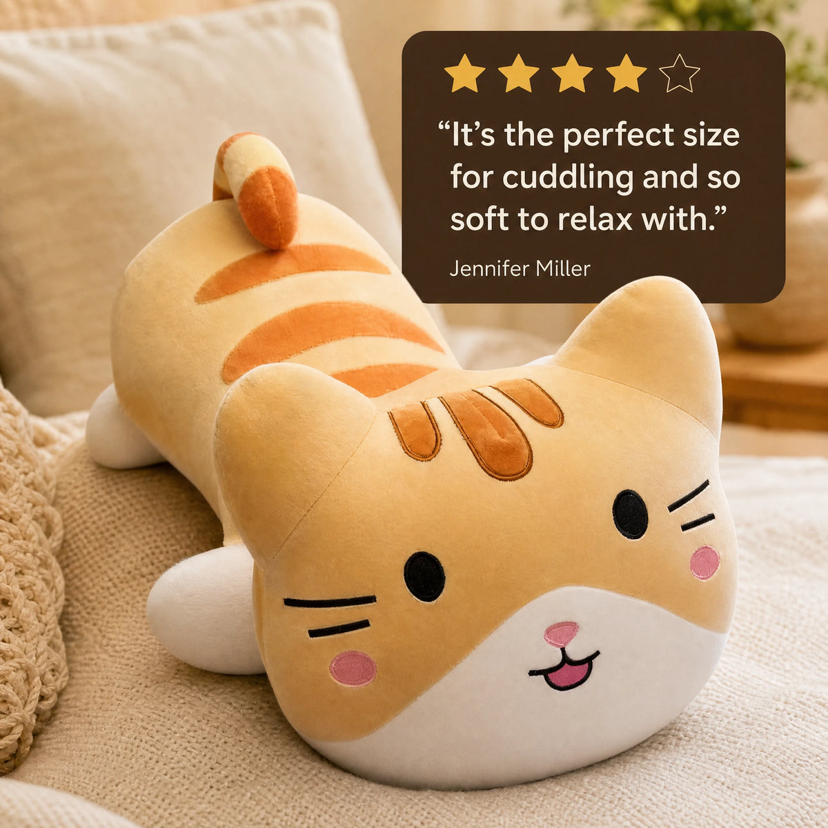 Cat Stuffed Animal Pillow, Lying Tabby Design - Image témoignage