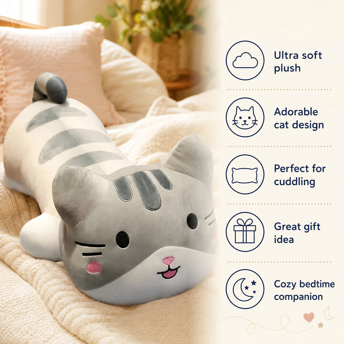 Cat Stuffed Animal Pillow with Grey Stripes - Bénéfices produit